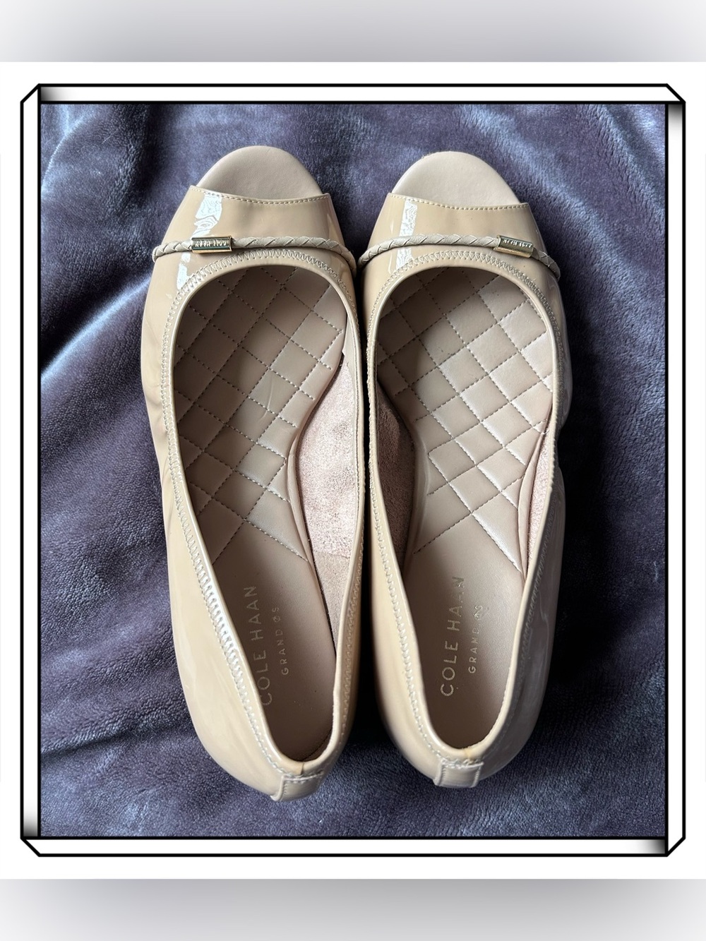 Cole Haan Emory Braided 40 II Patent Leather Peep-Toe Wedge Maple Sugar Sz 7.5B
